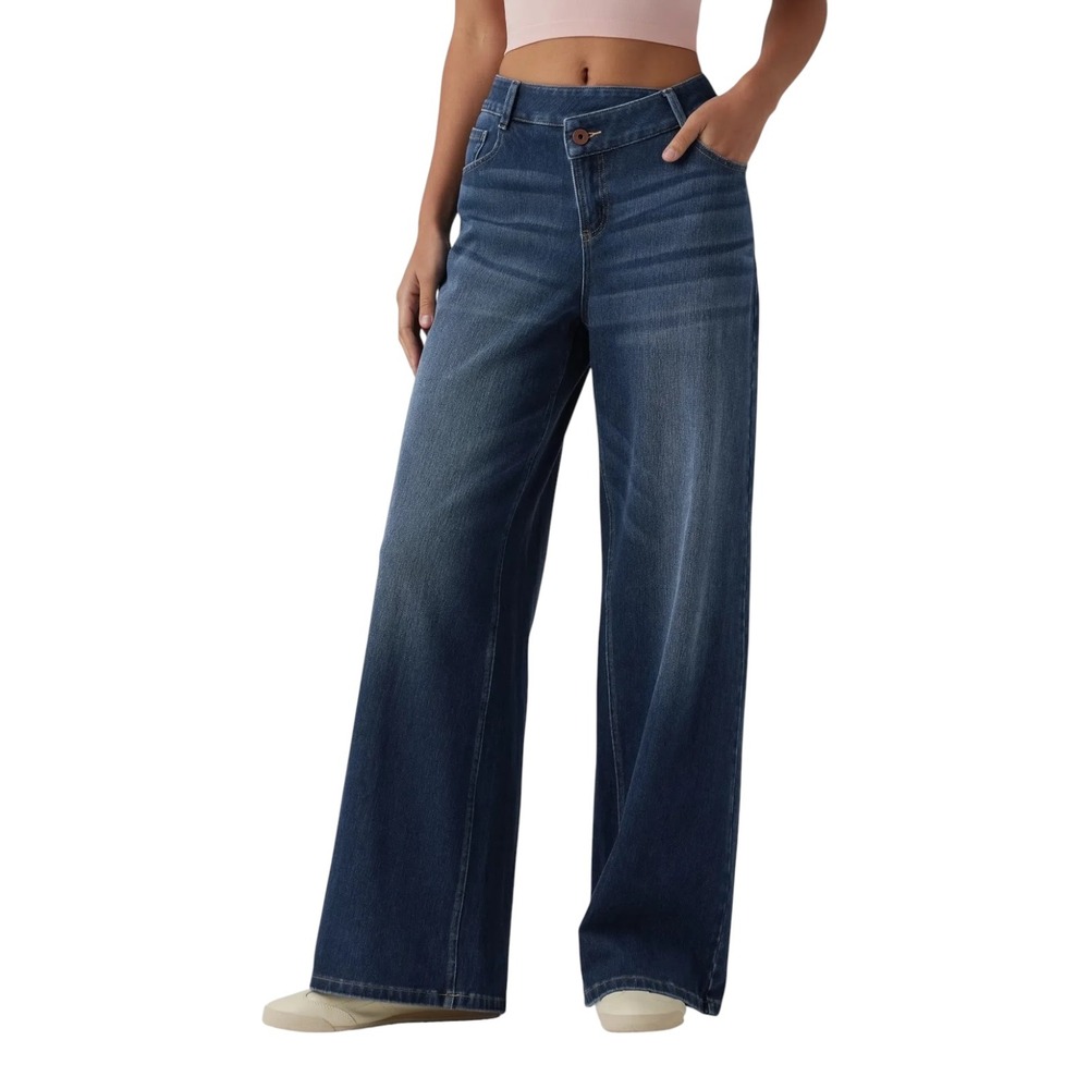 Halara Flex Denim Wide Leg Crossover Waist Jeans Dark Wash Blue Women Size M NWT